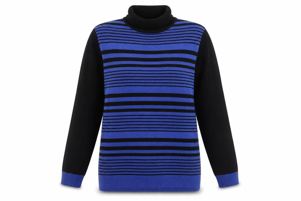 Front view of Marble women’s blue black striped roll neck jumper, size UK 12
