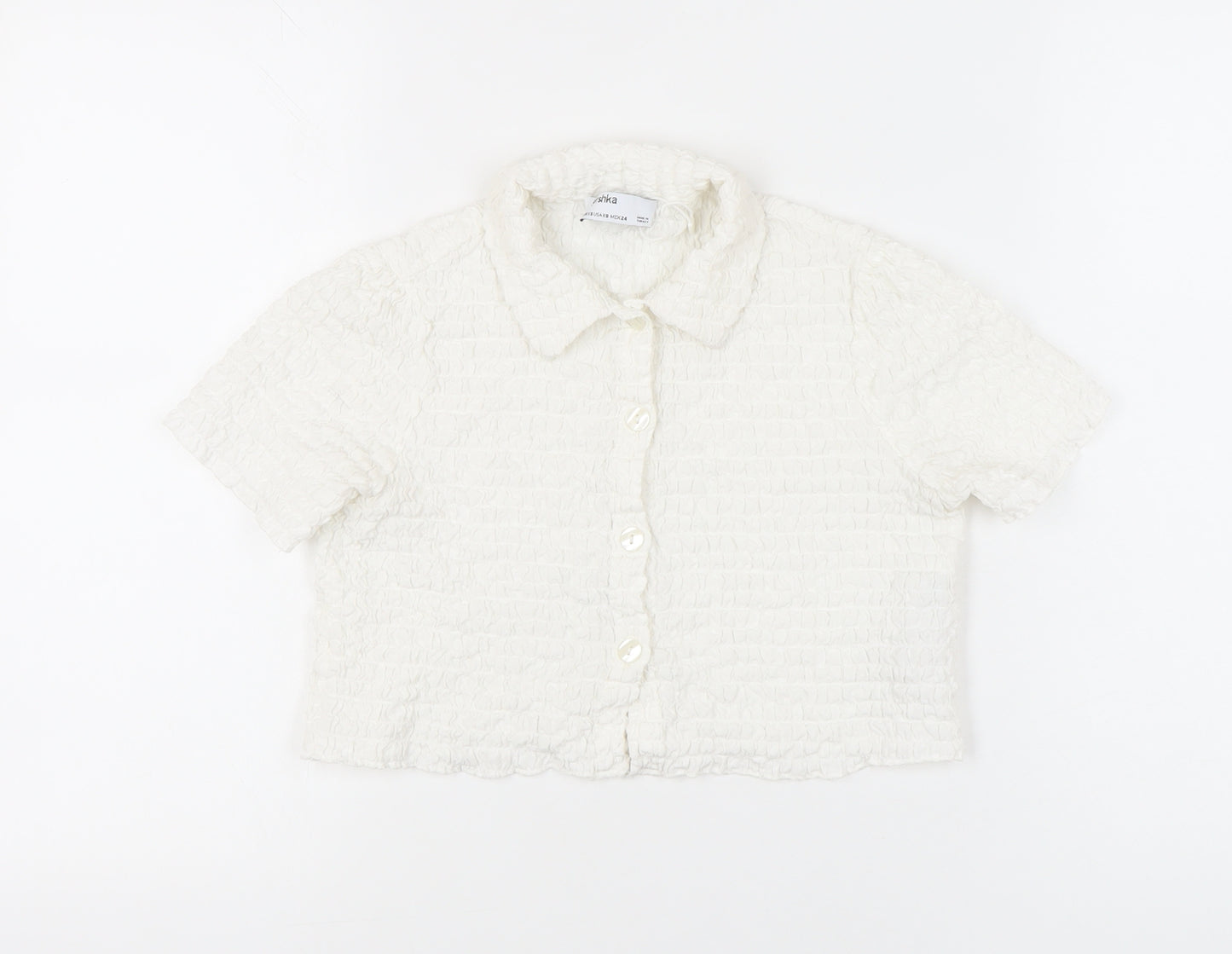 Bershka Women Ivory XS Cropped Button-Up Collared Shirt