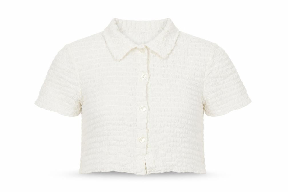 Front view of Bershka Women Ivory XS Cropped Button-Up Collared Shirt