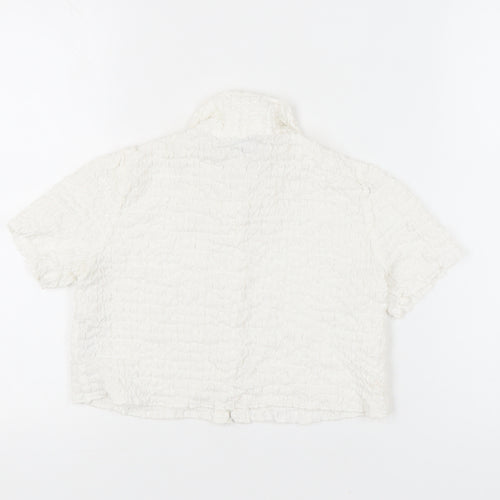 Bershka Women Ivory XS Cropped Button-Up Collared Shirt
