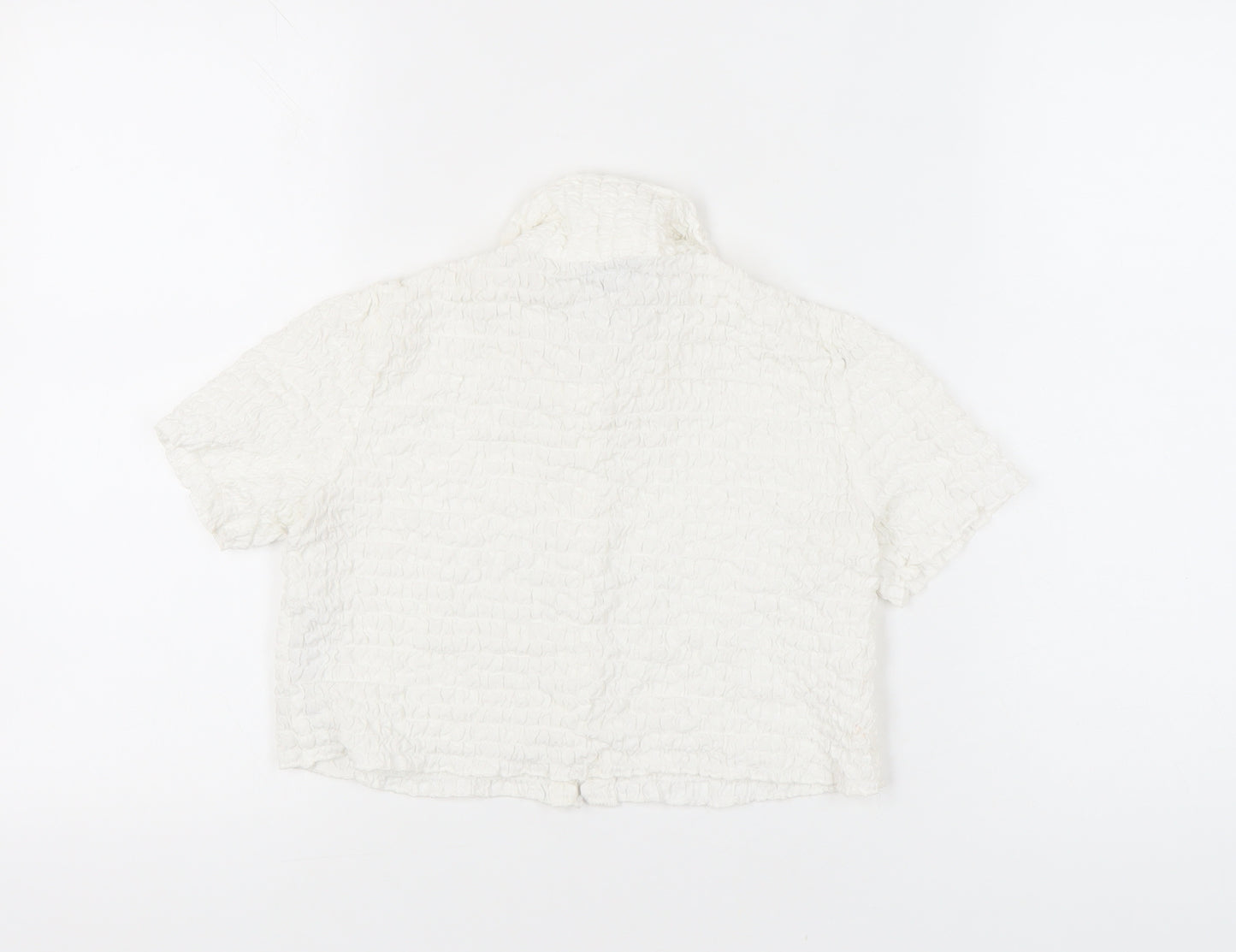 Bershka Women Ivory XS Cropped Button-Up Collared Shirt
