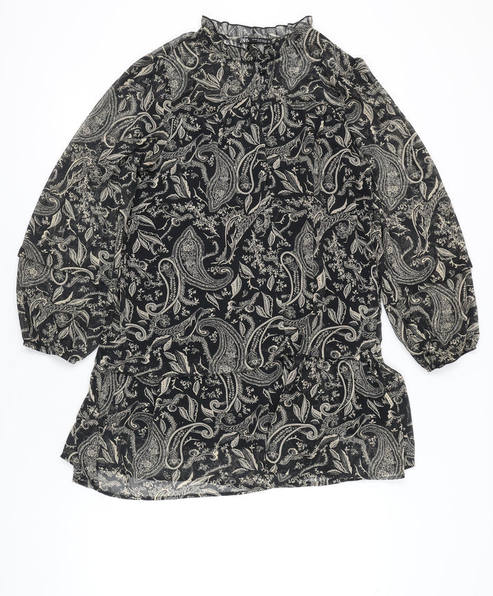 Zara Women Black XS Paisley Shift Mini Dress Long Sleeve