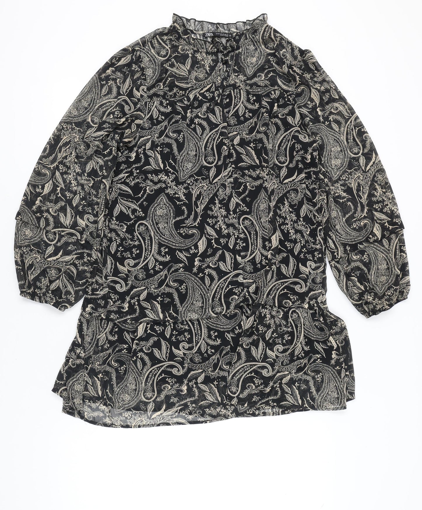 Zara Women Black XS Paisley Shift Mini Dress Long Sleeve