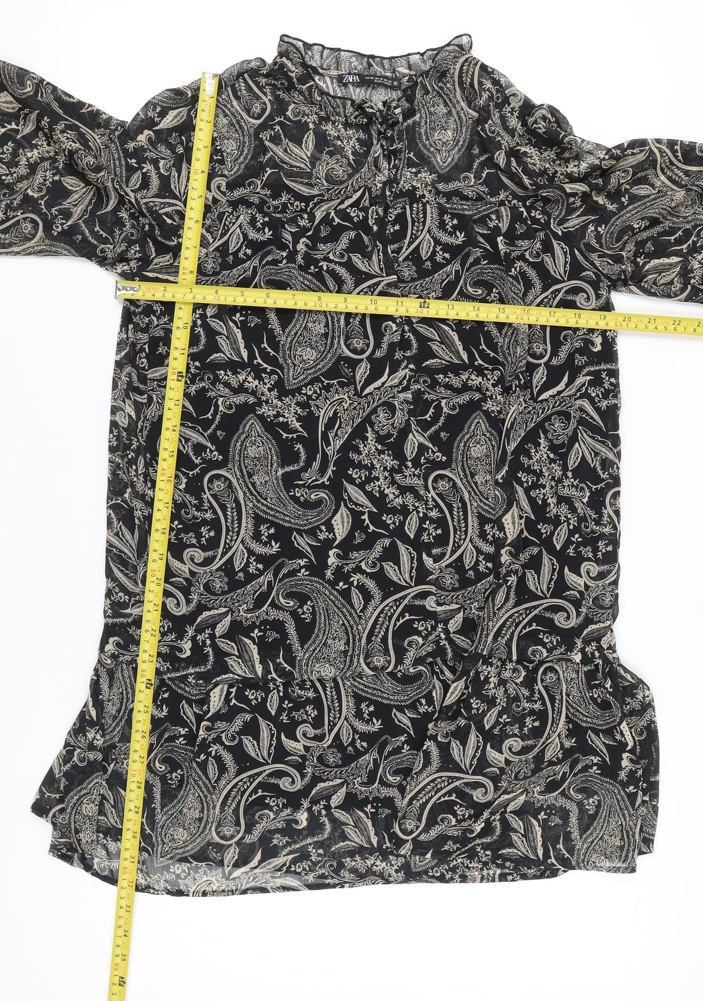 Zara Women Black XS Paisley Shift Mini Dress Long Sleeve