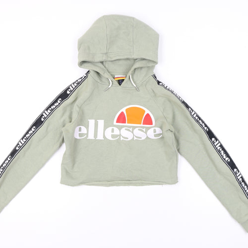 Ellesse Womens Green Cropped Pullover Hoodie UK 4 Logo Sportswear