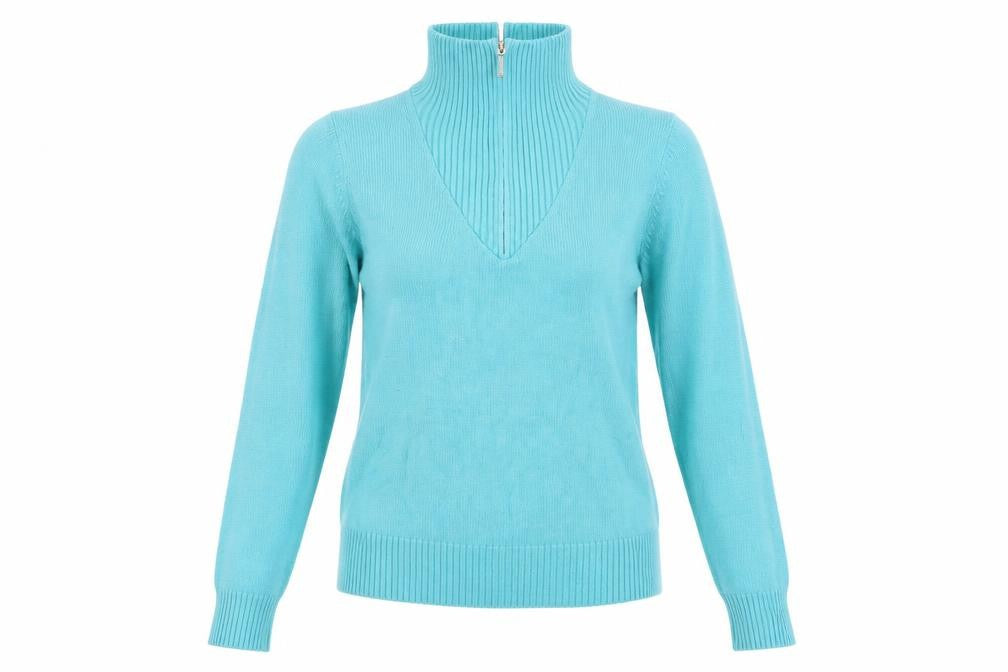 Front view of Isle women’s blue long sleeve v-neck jumper, size S, 10-12