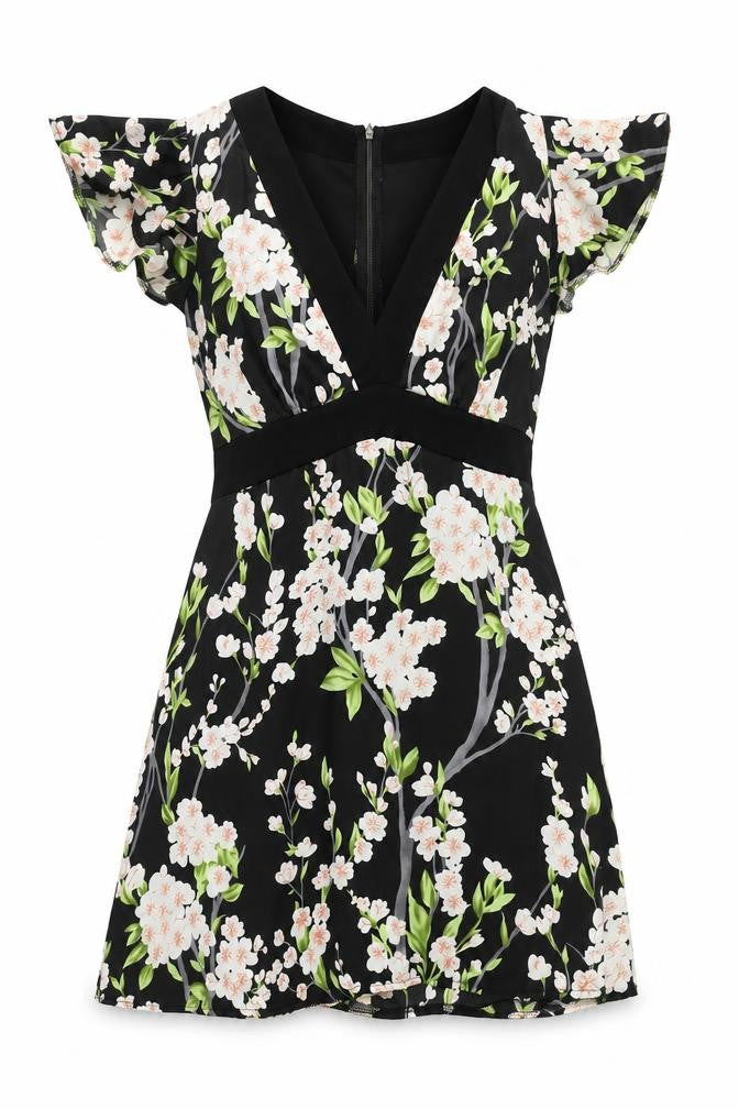 Mela Loves London Women Black Floral A-Line Short Dress Size 12