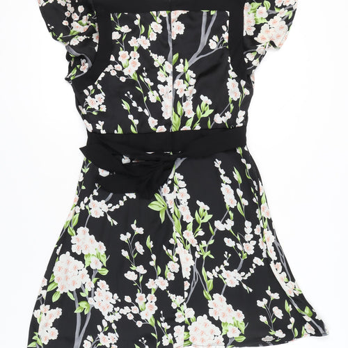 Mela Loves London Women Black Floral A-Line Short Dress Size 12