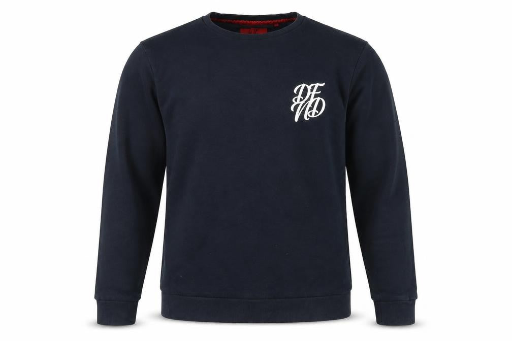 Front view of DFND Men's Blue Crew Neck Pullover Sweatshirt, size L, Logo Print
