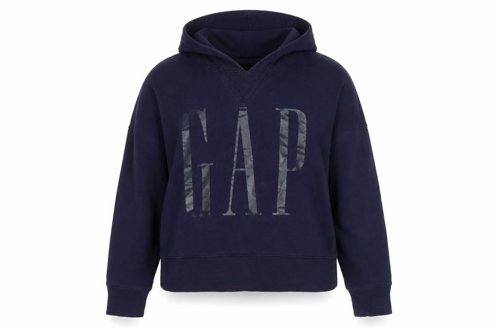 Front view of Gap women’s navy blue hoodie small pullover logo cotton blend