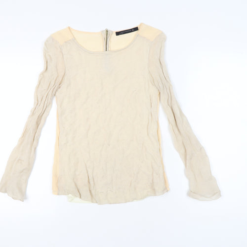 Zara Woman Beige Long Sleeve Blouse Women Size 8 Scoop Neck
