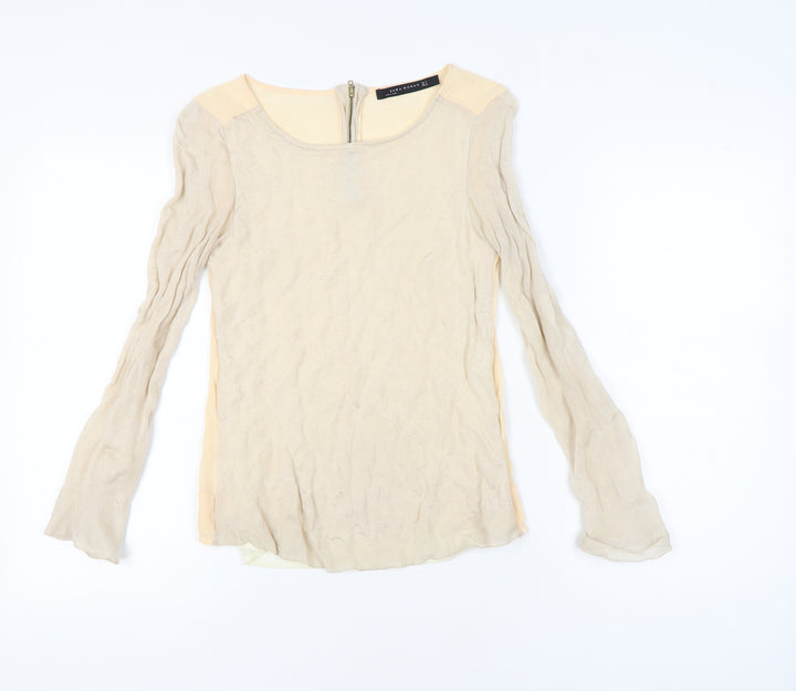 Zara Woman Beige Long Sleeve Blouse Women Size 8 Scoop Neck