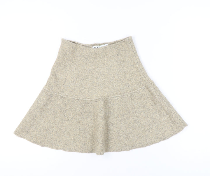 ZARA Women Beige Flared Wool Blend Short Skirt Size 12