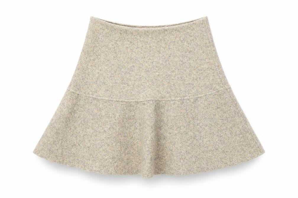 Front view of Zara Women Beige Flared Wool Blend Short Skirt, size 12