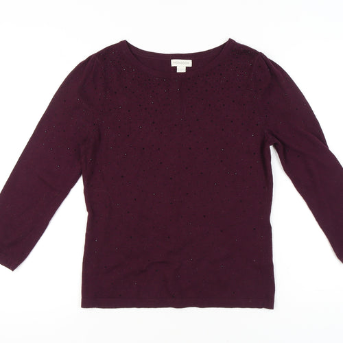 Monsoon Womens Purple Beaded Jumper Size 12 Crew Neck Pullover