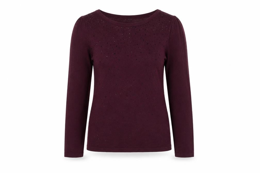 Front view of Monsoon women’s purple beaded jumper, size UK 12, crew neck pullover