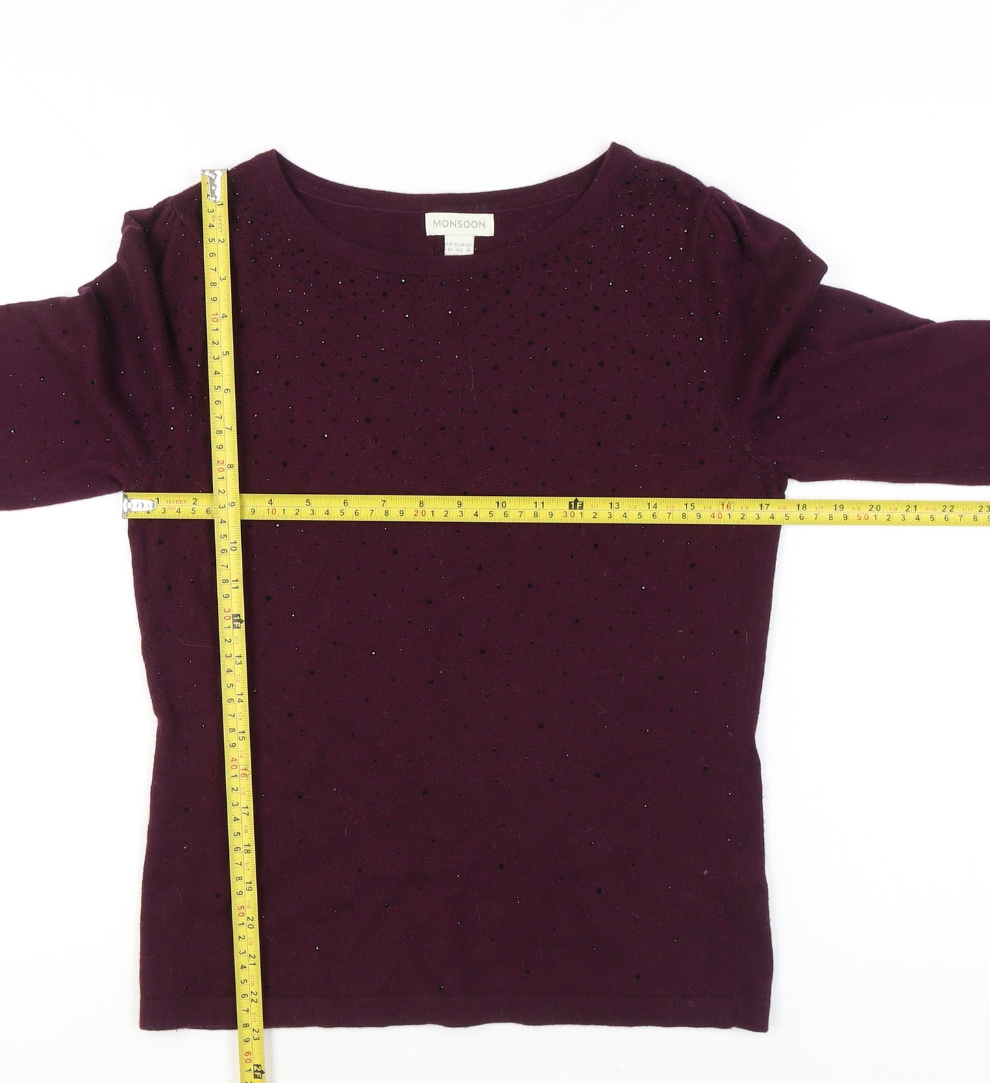 Monsoon Womens Purple Beaded Jumper Size 12 Crew Neck Pullover
