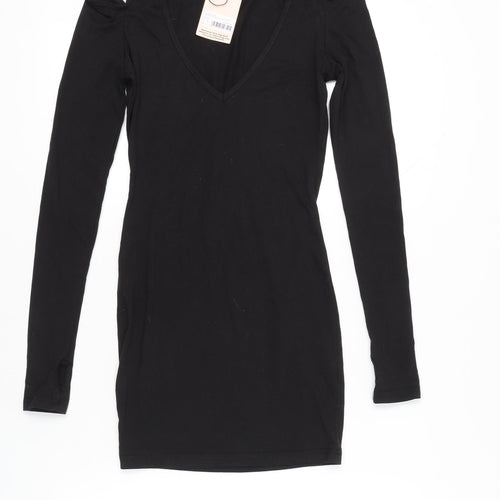 Missguided Women Black Bodycon Mini Dress UK 6 Cold Shoulder V-Neck