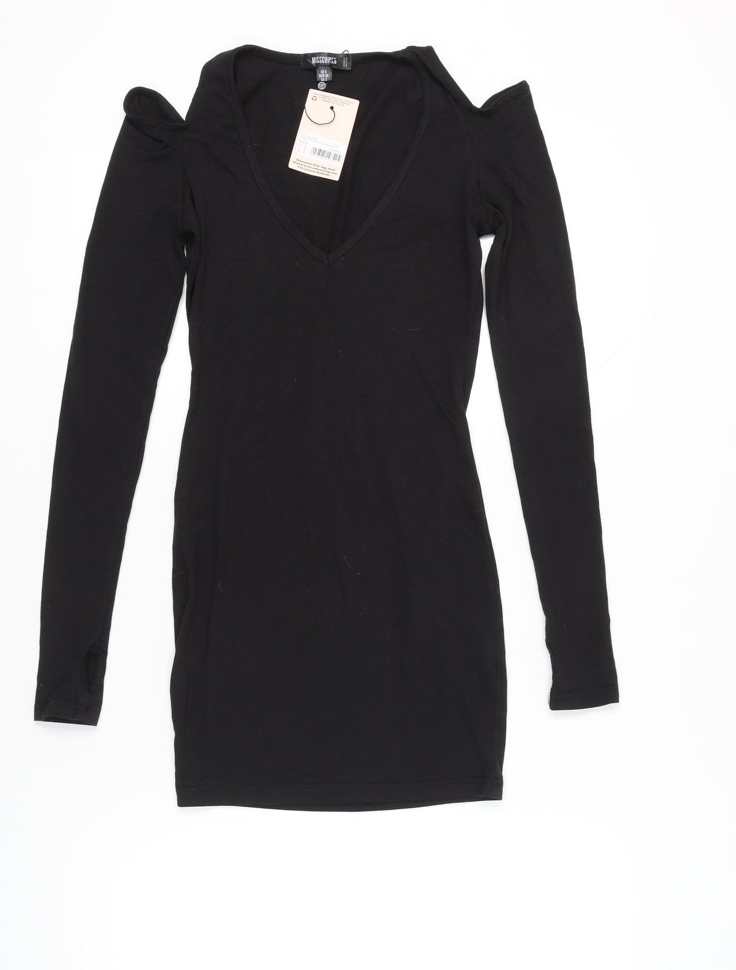 Missguided Women Black Bodycon Mini Dress UK 6 Cold Shoulder V-Neck