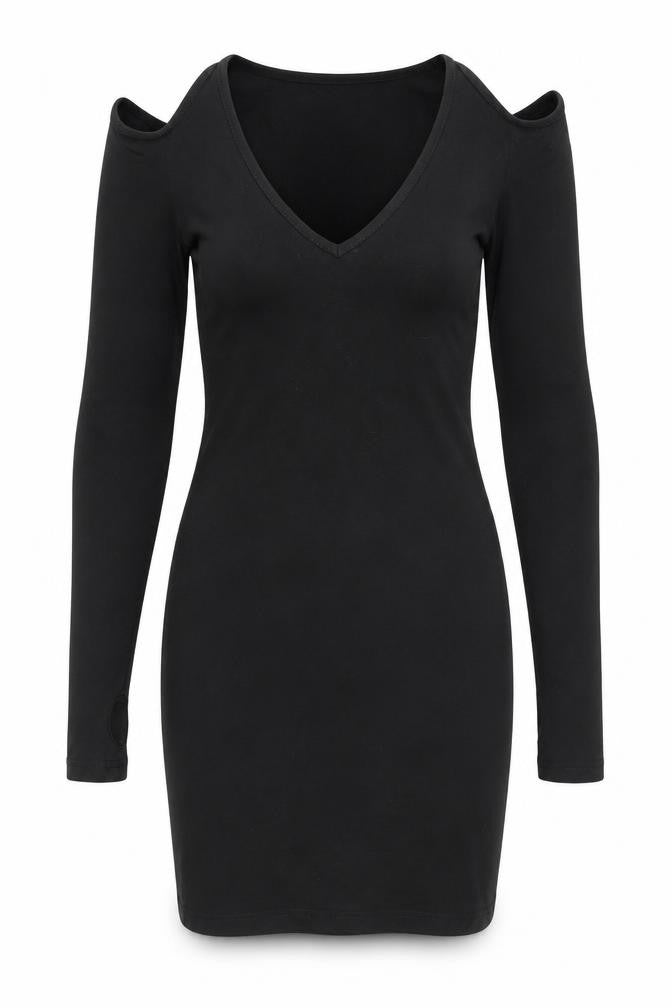 Missguided Women Black Bodycon Mini Dress UK 6 Cold Shoulder V-Neck
