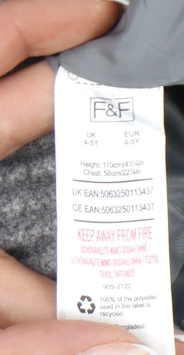 F&F Girls Grey Bomber Jacket 4-5 Years Polyester Viscose Lined Zip