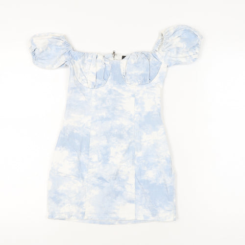 PrettyLittleThing Women’s Blue Tie Dye Puff Sleeve Bodycon Dress Size 2