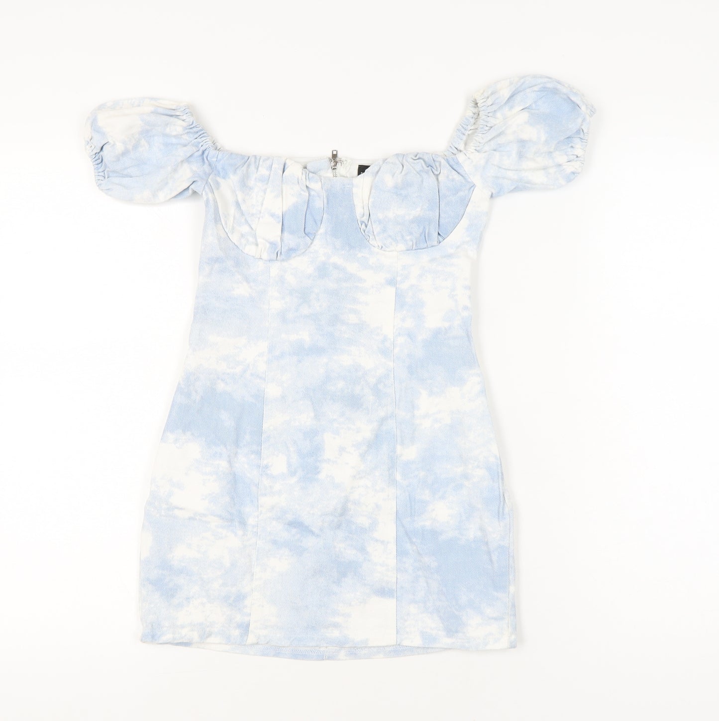 PrettyLittleThing Women’s Blue Tie Dye Puff Sleeve Bodycon Dress Size 2