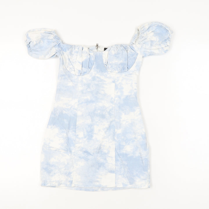 PrettyLittleThing Women’s Blue Tie Dye Puff Sleeve Bodycon Dress Size 2