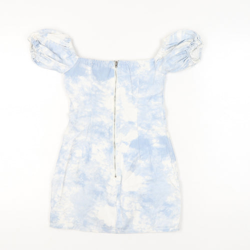 PrettyLittleThing Women’s Blue Tie Dye Puff Sleeve Bodycon Dress Size 2