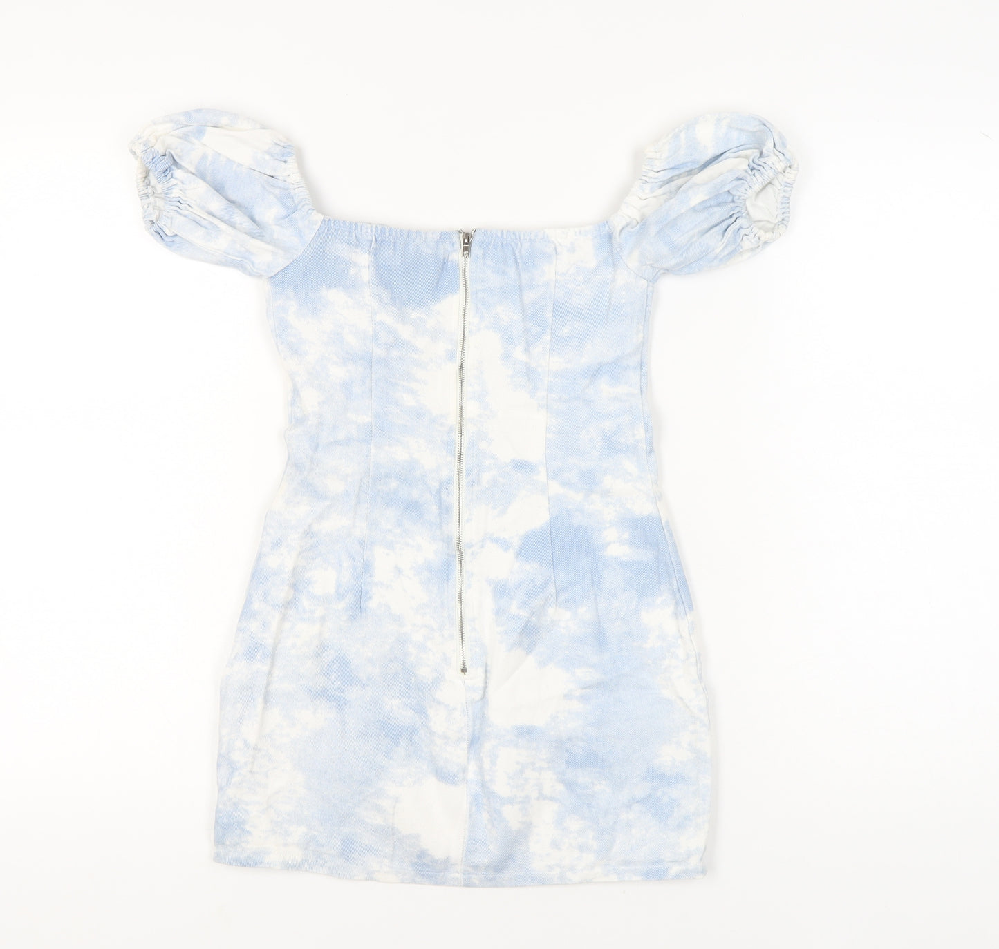 PrettyLittleThing Women’s Blue Tie Dye Puff Sleeve Bodycon Dress Size 2