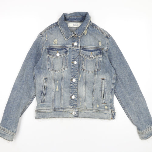 Zara Women Blue Denim Distressed Jacket Size 8 Casual Buttoned