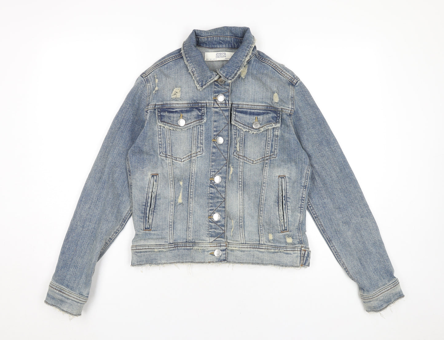 Zara Women Blue Denim Distressed Jacket Size 8 Casual Buttoned