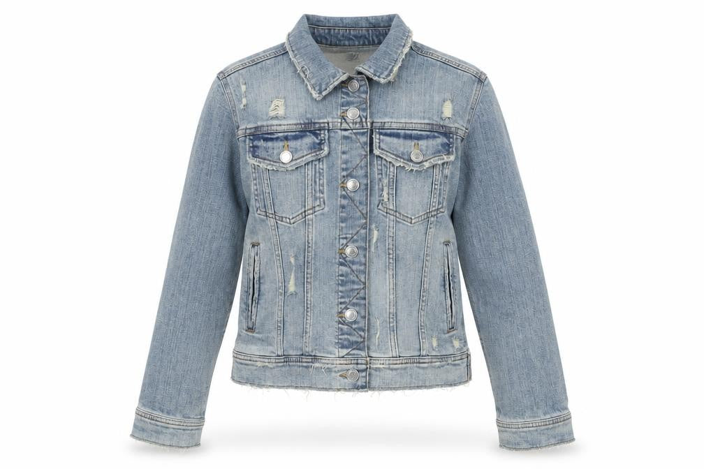 Front view of Zara Women Blue Denim Distressed Jacket, size 8, Casual Buttoned