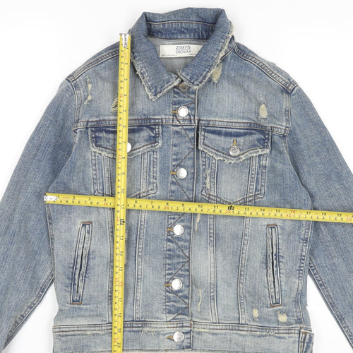 Zara Women Blue Denim Distressed Jacket Size 8 Casual Buttoned