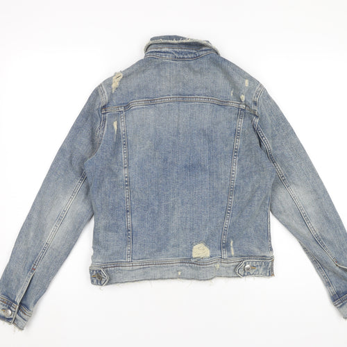 Zara Women Blue Denim Distressed Jacket Size 8 Casual Buttoned