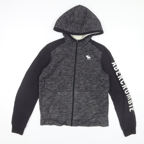 Abercrombie Kids Boys Black Grey Full Zip Hoodie 13-14 Years Logo Print