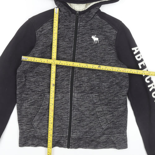 Abercrombie Kids Boys Black Grey Full Zip Hoodie 13-14 Years Logo Print