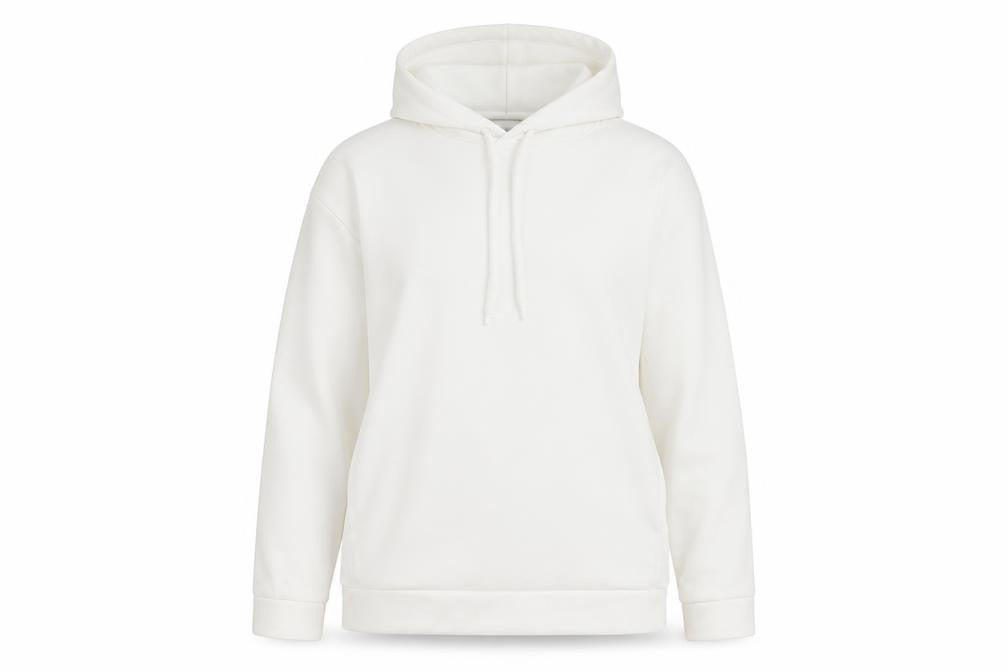 Front view of Stradivarius Women’s White Hoodie Pullover, size L, Polyester Blend