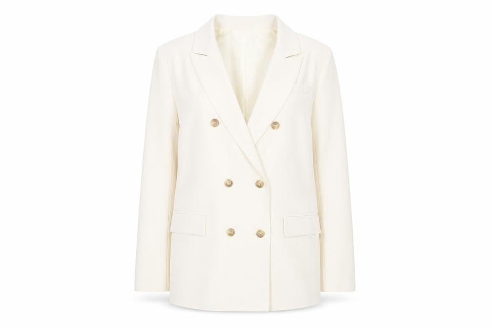 Front view of PRETTYLITTLETHING Women Ivory Blazer, size 10, Double Breasted Jacket