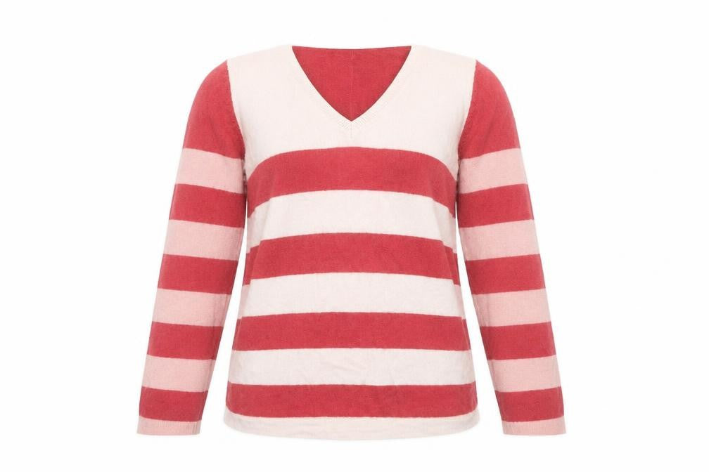 Front view of White Stuff women’s multicoloured striped v-neck jumper, size UK 12, wool