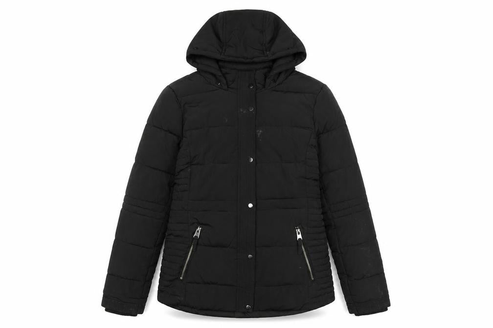 Front view of Wallis women’s black hooded puffer jacket, size S, winter coat