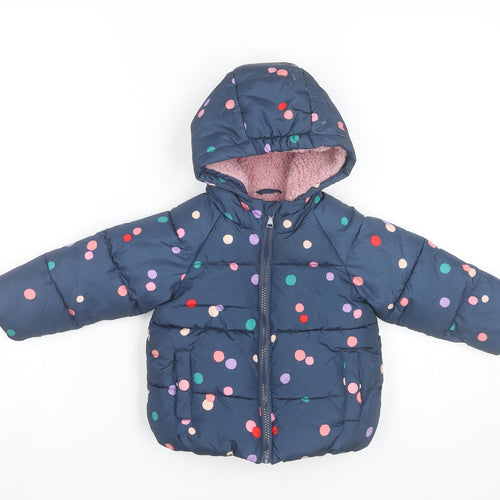 Marks and Spencer Girls Blue Polka Dot Puffer Jacket Hooded 2 Years