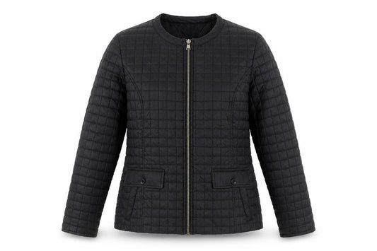 Front view of Incorporatewear women’s black quilted jacket, size M, zip front casual