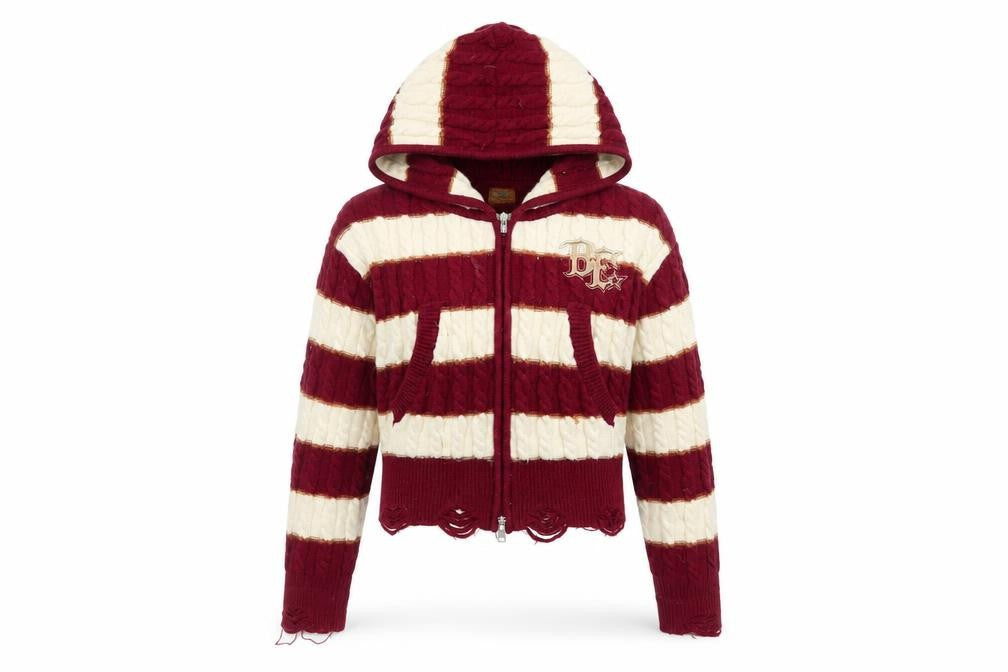 Front view of BeerBro women’s multicoloured s cable-knit hooded full zip jumper