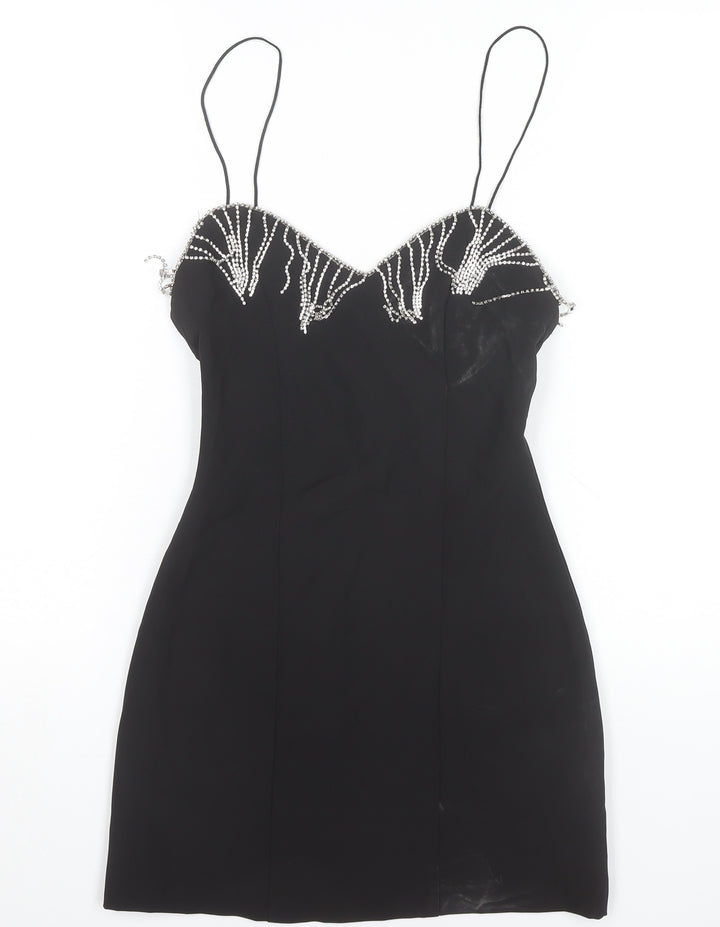 Zara Womens Black XS Bodycon Party Mini Dress Beaded Strappy