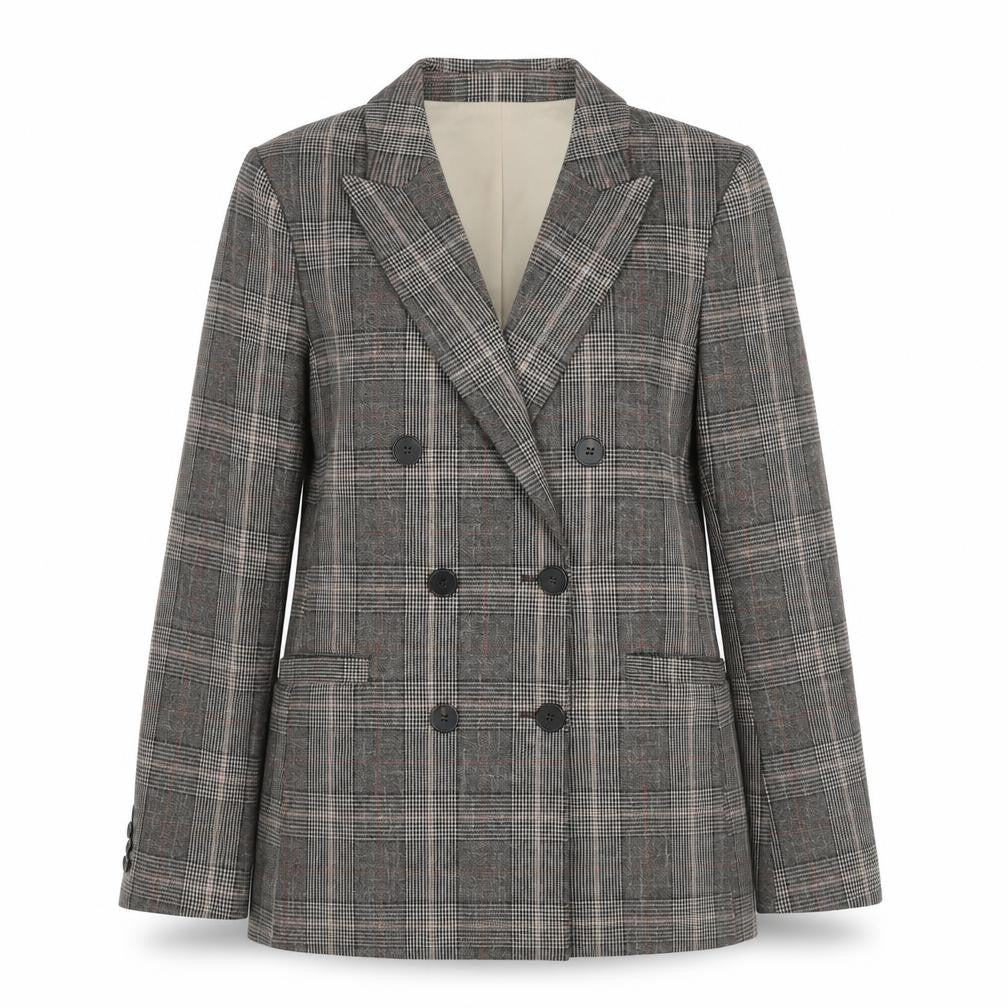 Front view of H&M women’s grey check double breasted blazer uk 6 regular fit