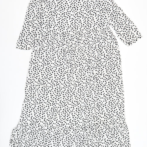 Zara Women White Polka Dot Shift Midi Dress Size S Long Sleeve