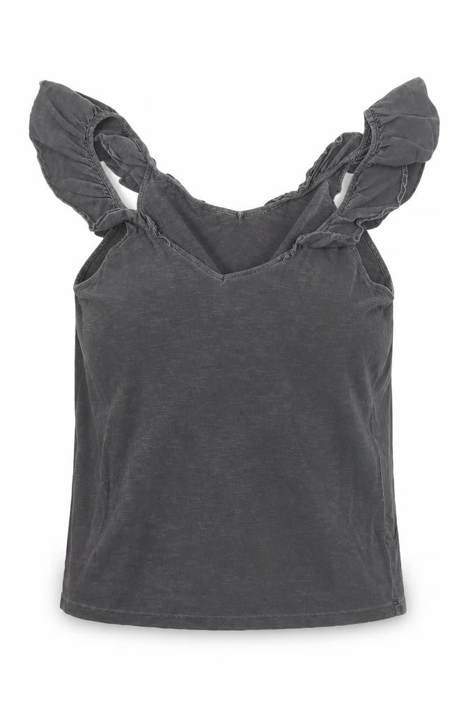 Front view of Hush women’s grey cotton ruffle strap tank top m summer casual