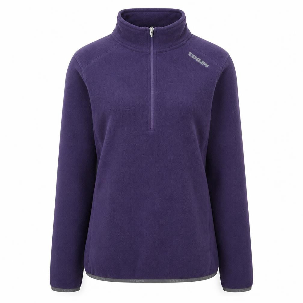 Front view of TOG24 women’s purple fleece sweatshirt, size UK 8-10, 1/2 zip pullover