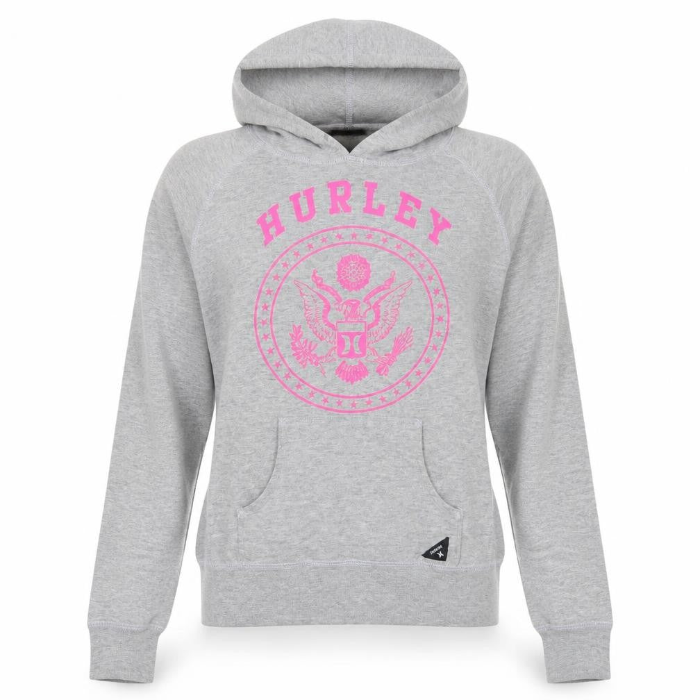 Front view of Hurley women’s grey pullover hoodie sweatshirt, size M, logo print